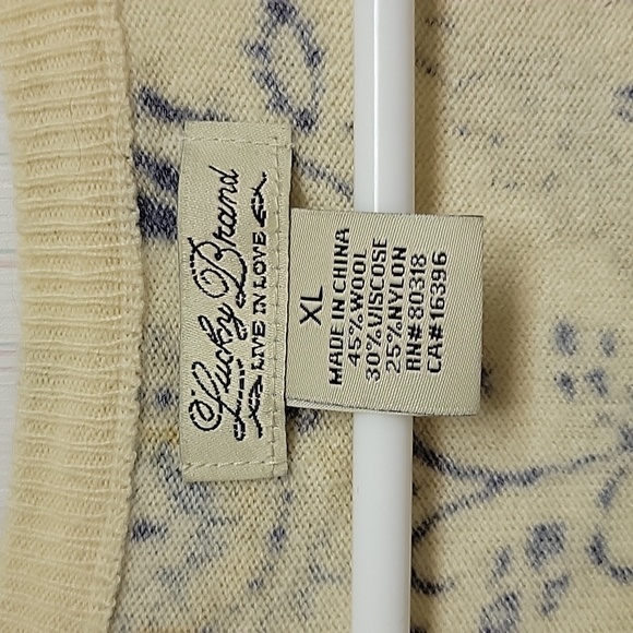 Lucky Brand Cream and Blue Paisley Wool Bkend Knit Sweater Womens XL - Picture 3 of 5